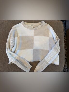 Jessica Simpson Cream and White Checker Crewneck Sweater